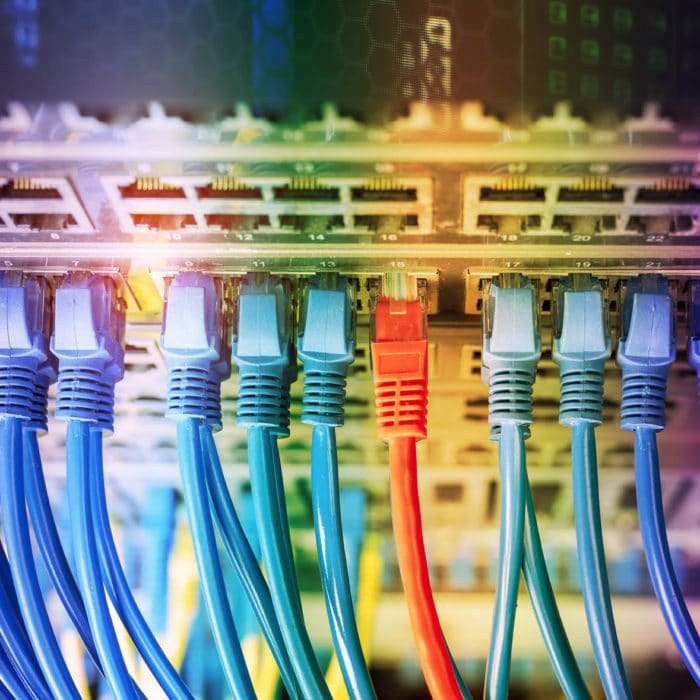 Server rack with blue and red internet patch cord cables connected to black patch panel in data server room