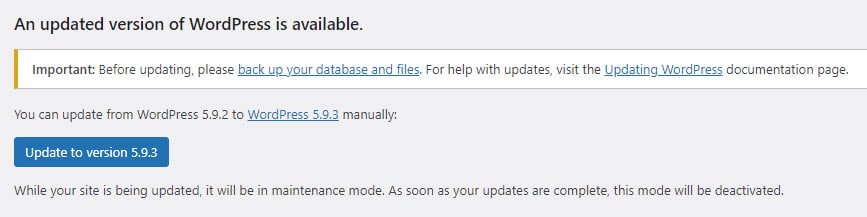 WordPress version update notice